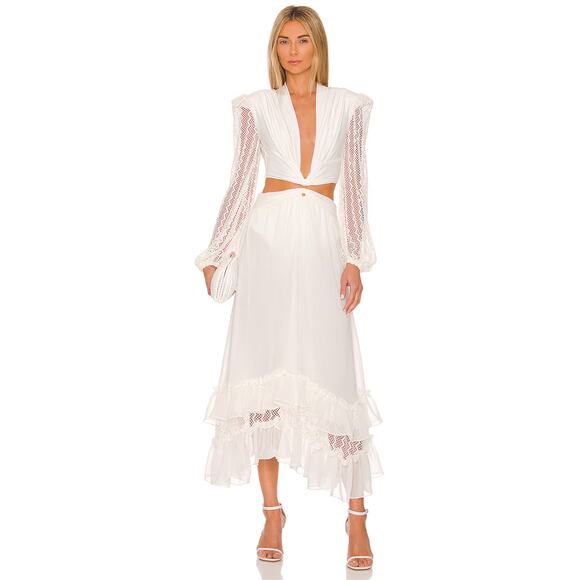 PatBo White Plunge Lace Sleeve Trim Mesh Cutout Tiered Long Maxi Dress Size XS - Picture 1 of 10